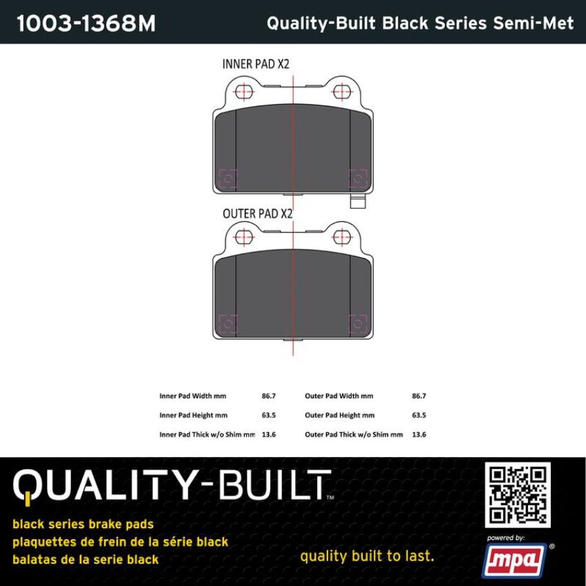 MPA 1003-1368M Quality-Built Black Series Semi-Metallic Brake Pads w/ Hardware
