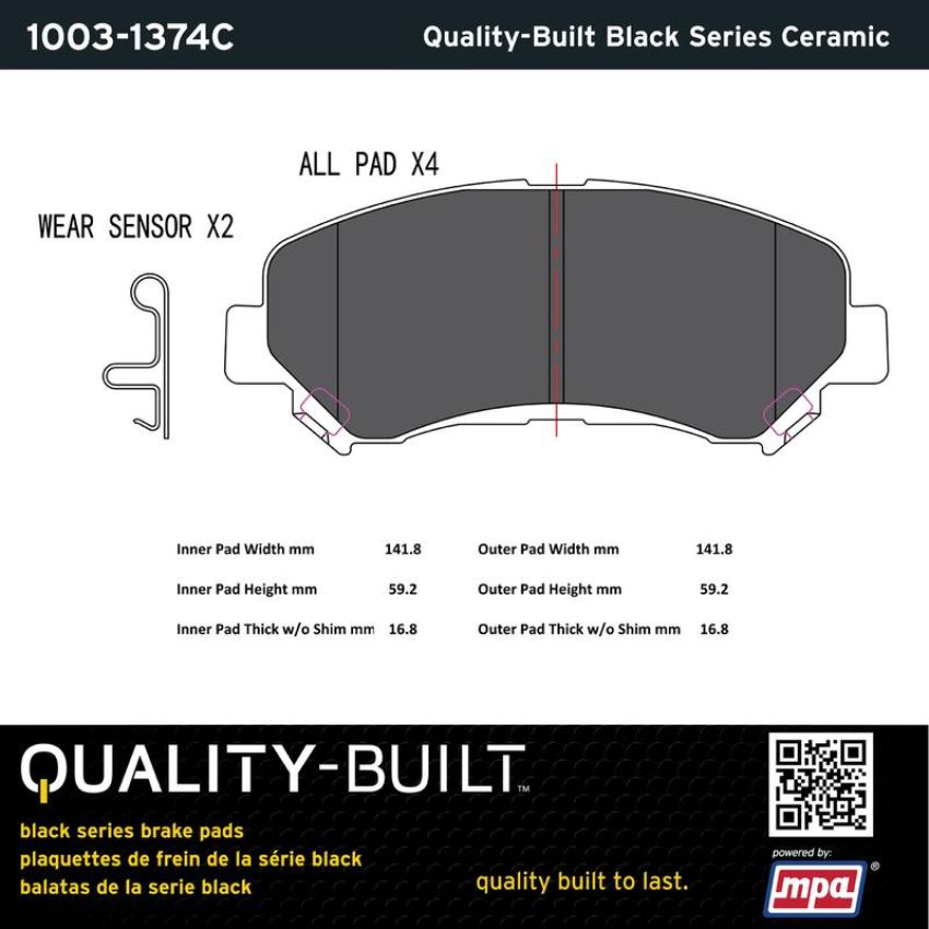 MPA 1003-1374C Quality-Built Black Series Ceramic Brake Pads w/ Hardware