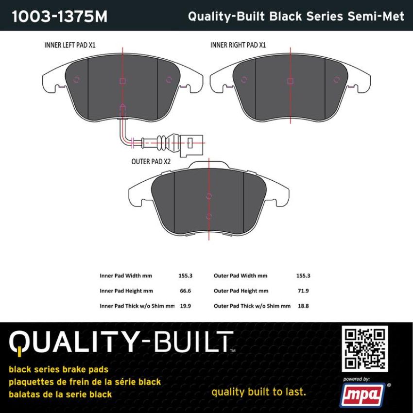 MPA 1003-1375M Quality-Built Black Series Semi-Metallic Brake Pads w/ Hardware
