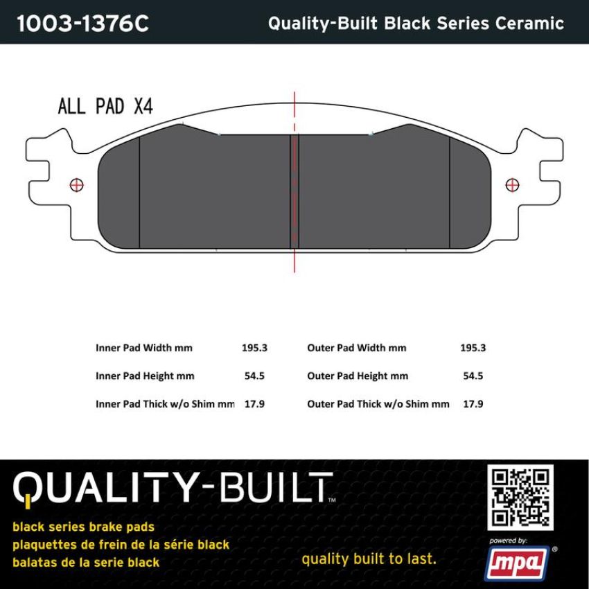 MPA 1003-1376C Quality-Built Black Series Ceramic Brake Pads w/ Hardware