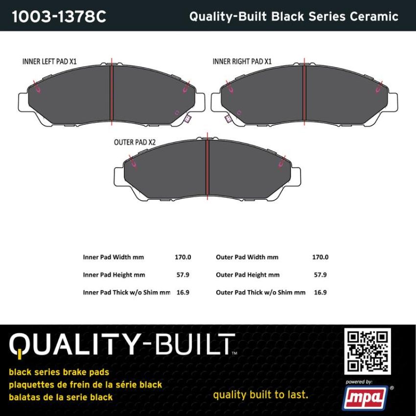 MPA 1003-1378C Quality-Built Black Series Ceramic Brake Pads w/ Hardware
