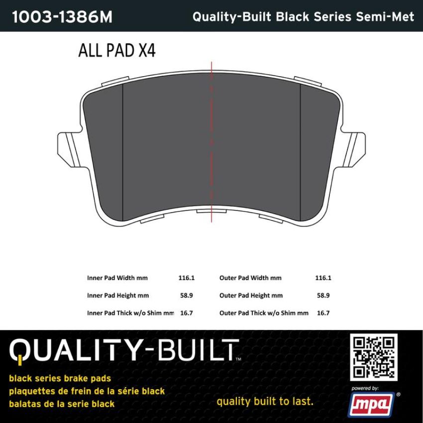 MPA 1003-1386M Quality-Built Black Series Semi-Metallic Brake Pads w/ Hardware