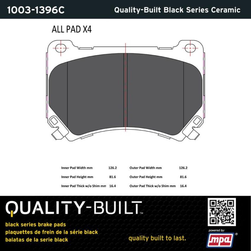 MPA 1003-1396C Quality-Built Black Series Ceramic Brake Pads w/ Hardware