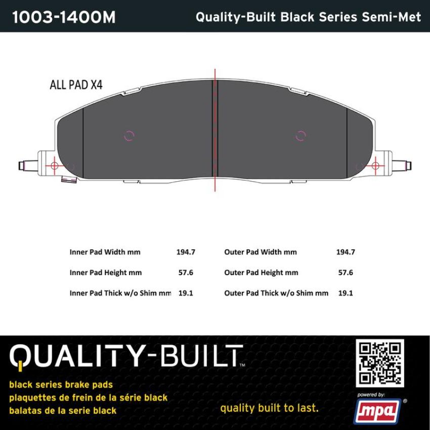 MPA 1003-1400M Quality-Built Black Series Semi-Metallic Brake Pads w/ Hardware