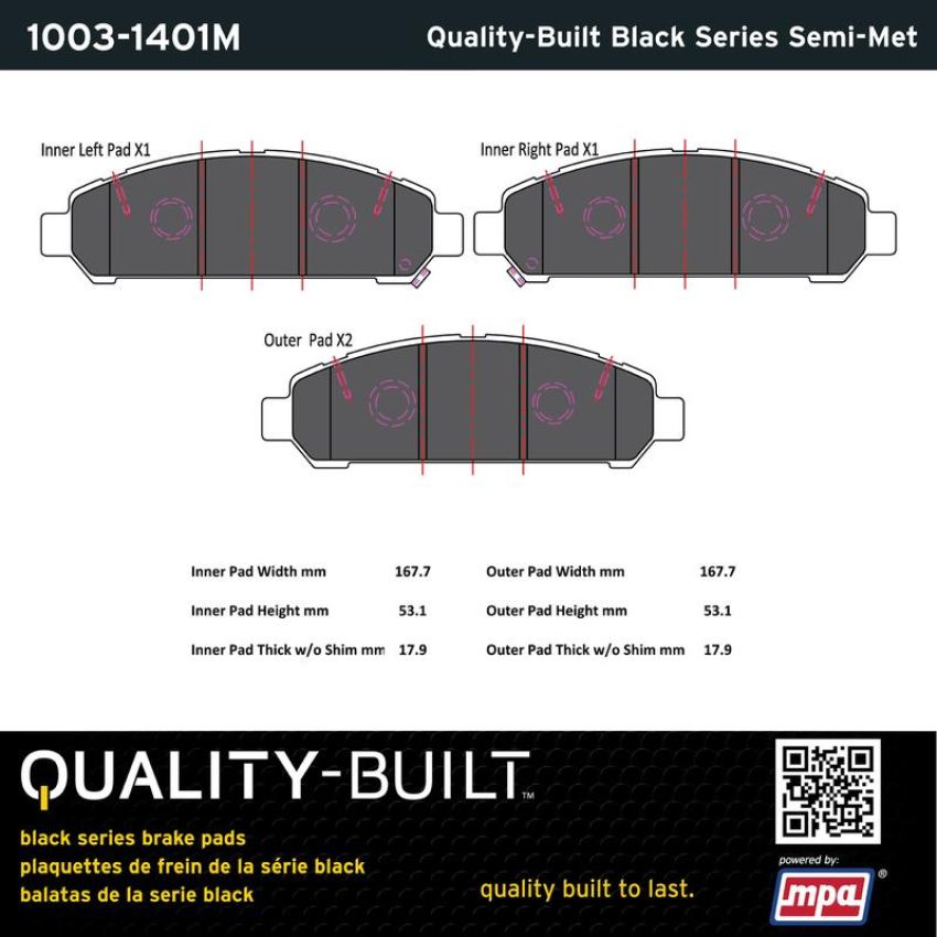 MPA 1003-1401M Quality-Built Black Series Semi-Metallic Brake Pads w/ Hardware