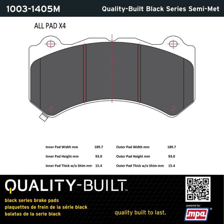 MPA 1003-1405M Quality-Built Black Series Semi-Metallic Brake Pads w/ Hardware