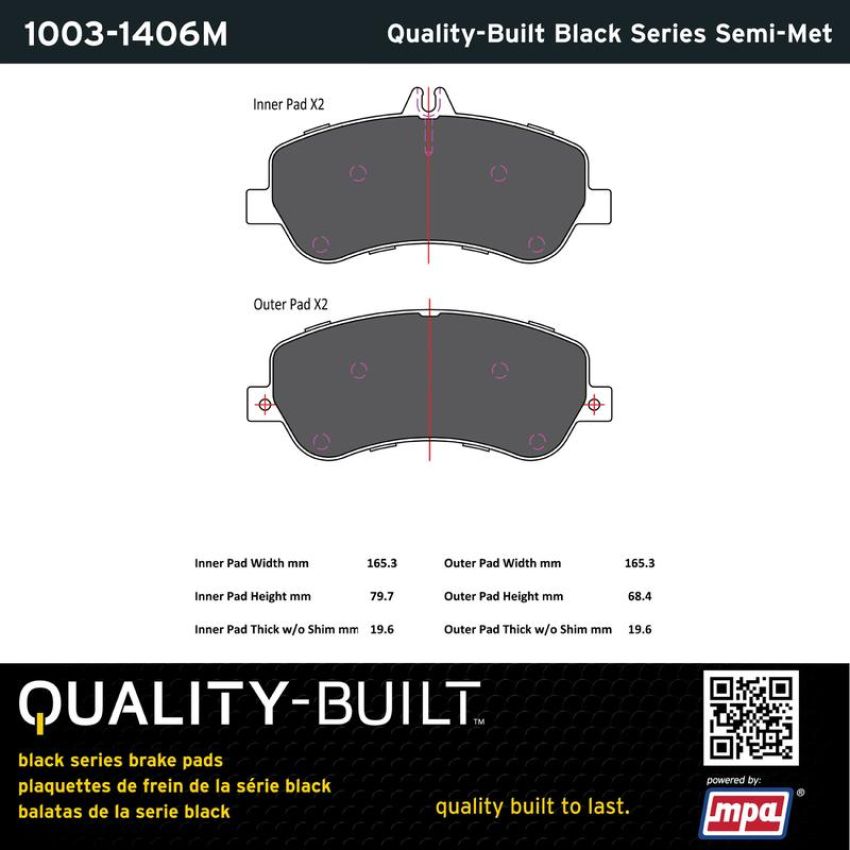 MPA 1003-1406M Quality-Built Black Series Semi-Metallic Brake Pads w/ Hardware