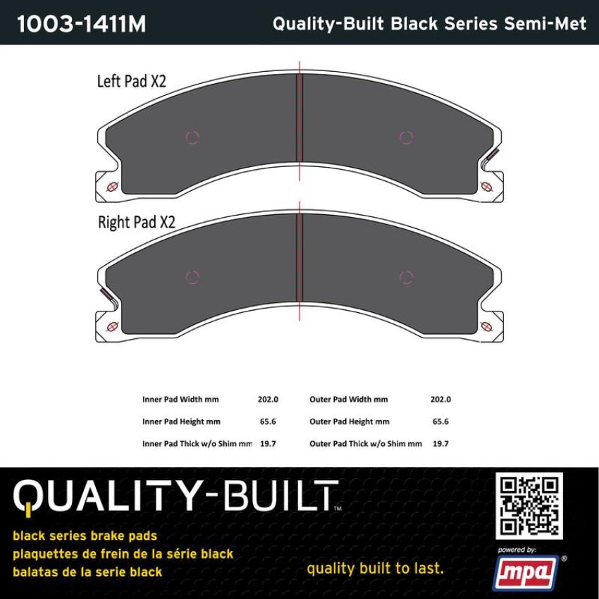 MPA 1003-1411M Quality-Built Black Series Semi-Metallic Brake Pads w/ Hardware