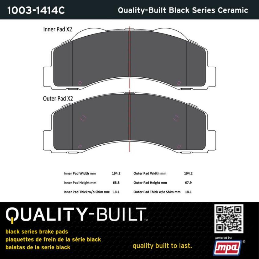 MPA 1003-1414C Quality-Built Black Series Ceramic Brake Pads w/ Hardware