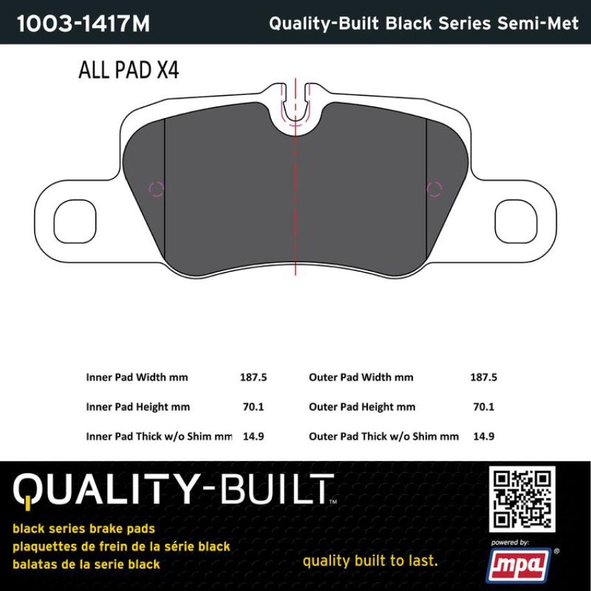 MPA 1003-1417M Quality-Built Black Series Semi-Metallic Brake Pads w/ Hardware