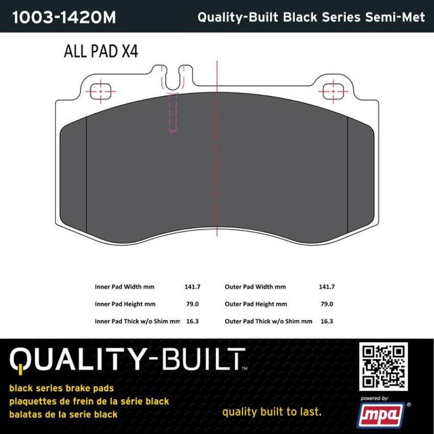 MPA 1003-1420M Quality-Built Black Series Semi-Metallic Brake Pads w/ Hardware