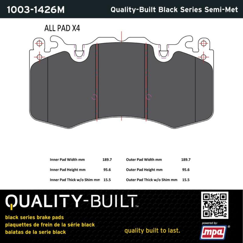 MPA 1003-1426M Quality-Built Black Series Semi-Metallic Brake Pads w/ Hardware