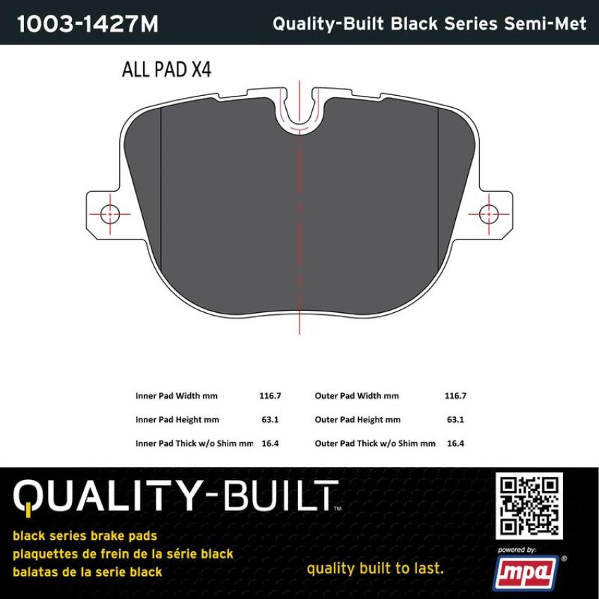 MPA 1003-1427M Quality-Built Black Series Semi-Metallic Brake Pads w/ Hardware