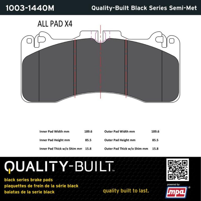 MPA 1003-1440M Quality-Built Black Series Semi-Metallic Brake Pads w/ Hardware