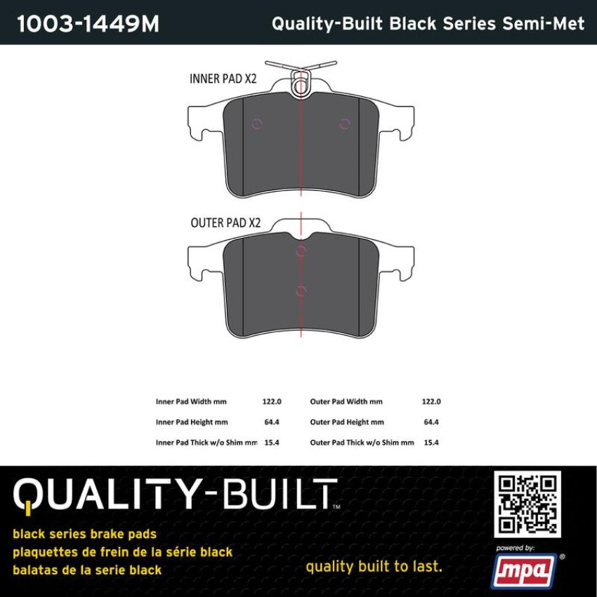 MPA 1003-1449M Quality-Built Black Series Semi-Metallic Brake Pads w/ Hardware