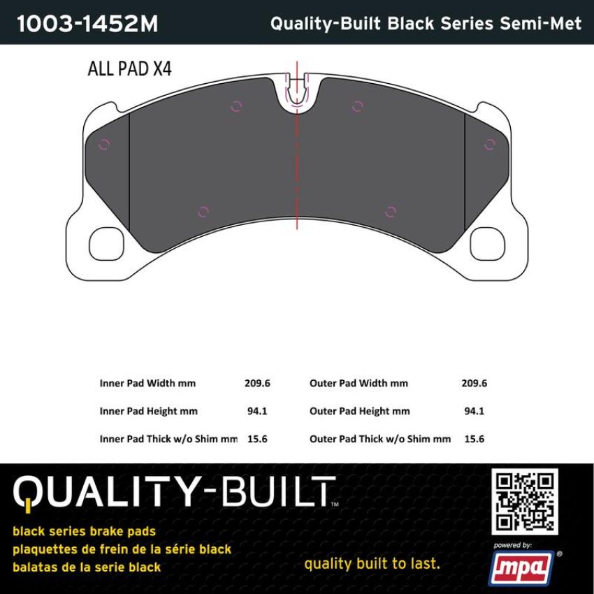 MPA 1003-1452M Quality-Built Black Series Semi-Metallic Brake Pads w/ Hardware