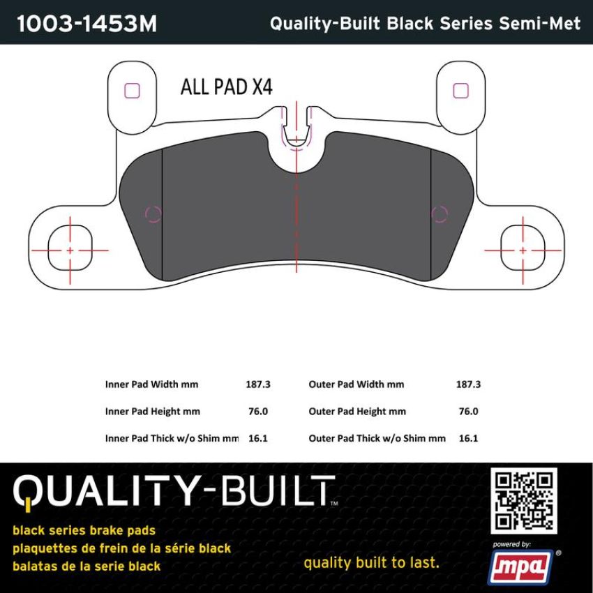 MPA 1003-1453M Quality-Built Black Series Semi-Metallic Brake Pads w/ Hardware