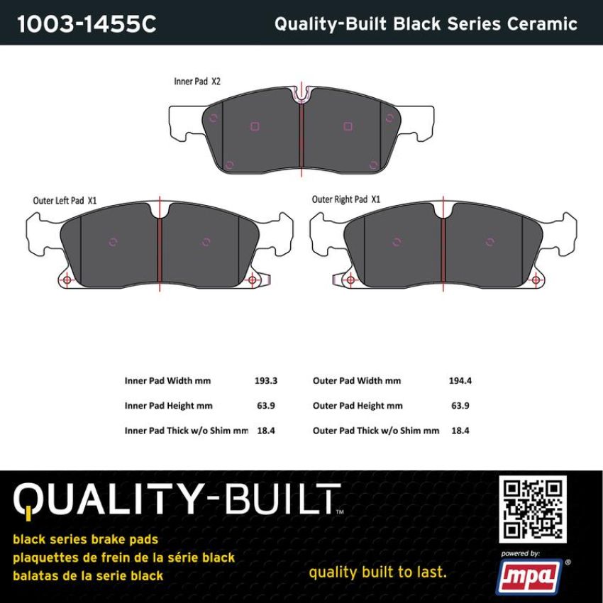 MPA 1003-1455C Quality-Built Black Series Ceramic Brake Pads w/ Hardware