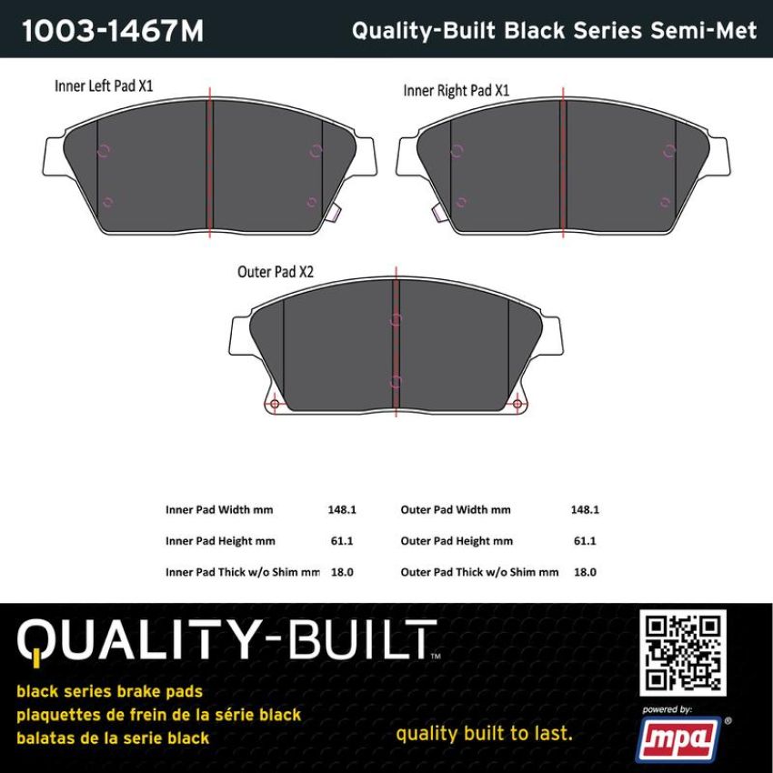 MPA 1003-1467M Quality-Built Black Series Semi-Metallic Brake Pads w/ Hardware