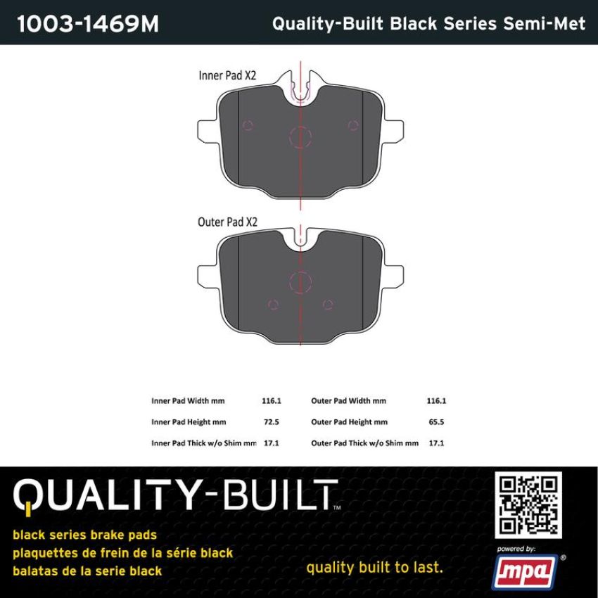MPA 1003-1469M Quality-Built Black Series Semi-Metallic Brake Pads w/ Hardware