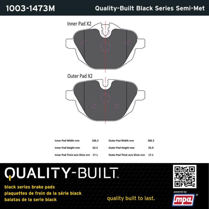 MPA 1003-1473M Quality-Built Black Series Semi-Metallic Brake Pads w/ Hardware