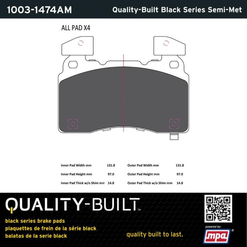 MPA 1003-1474AM Quality-Built Black Series Semi-Metallic Brake Pads w/ Hardware