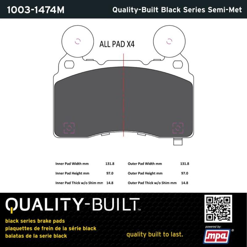 MPA 1003-1474M Quality-Built Black Series Semi-Metallic Brake Pads w/ Hardware