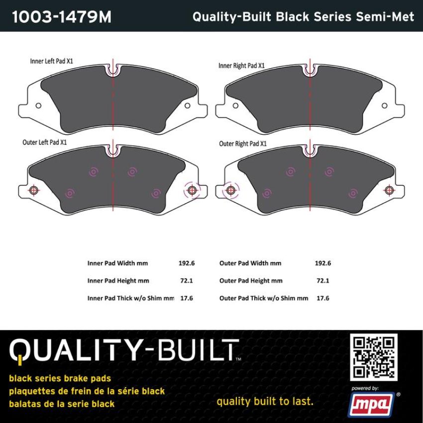MPA 1003-1479M Quality-Built Black Series Semi-Metallic Brake Pads w/ Hardware