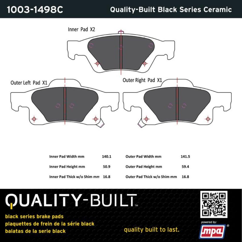MPA 1003-1498C Quality-Built Black Series Ceramic Brake Pads w/ Hardware