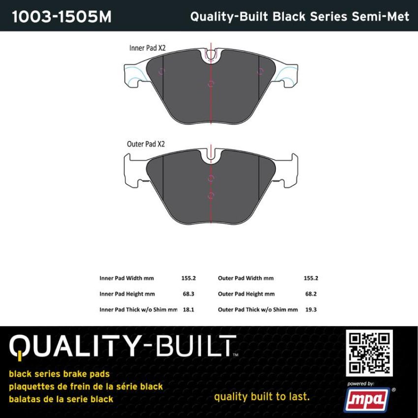 MPA 1003-1505M Quality-Built Black Series Semi-Metallic Brake Pads w/ Hardware