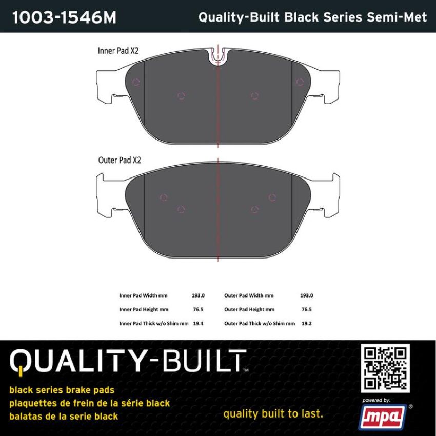 MPA 1003-1546M Quality-Built Black Series Semi-Metallic Brake Pads