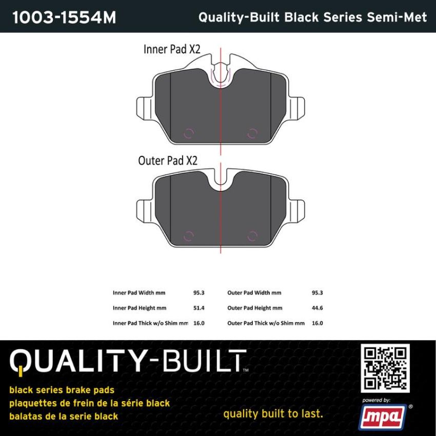MPA 1003-1554M Quality-Built Black Series Semi-Metallic Brake Pads w/ Hardware