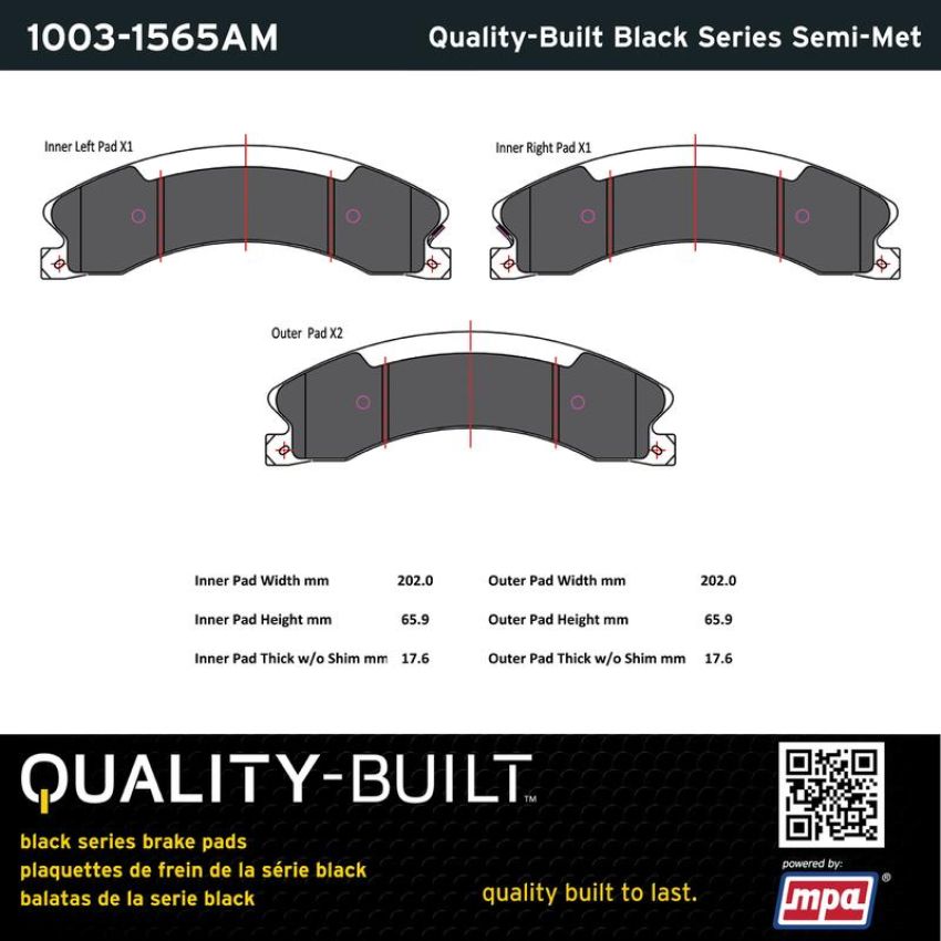 MPA 1003-1565AM Quality-Built Black Series Semi-Metallic Brake Pads w/ Hardware