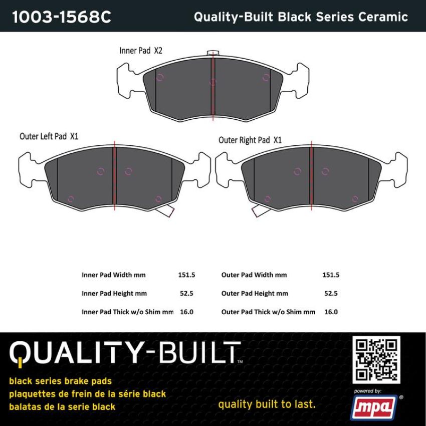 MPA 1003-1568C Quality-Built Black Series Ceramic Brake Pads w/ Hardware