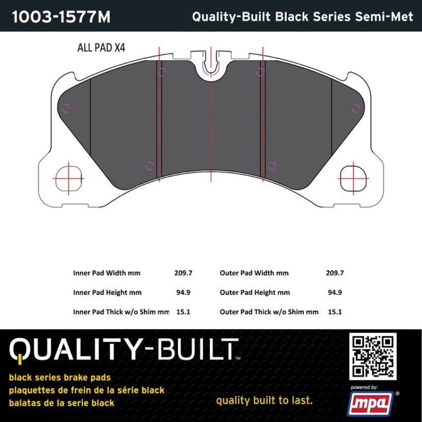 MPA 1003-1577M Quality-Built Black Series Semi-Metallic Brake Pads w/ Hardware