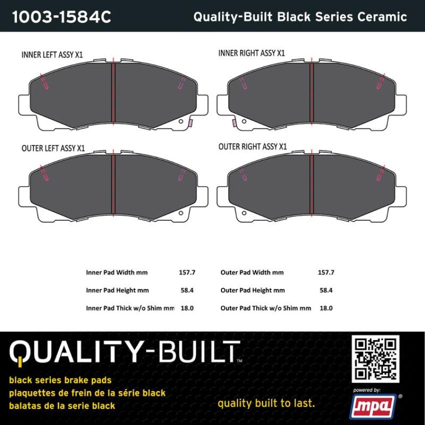 MPA 1003-1584C Quality-Built Black Series Ceramic Brake Pads w/ Hardware
