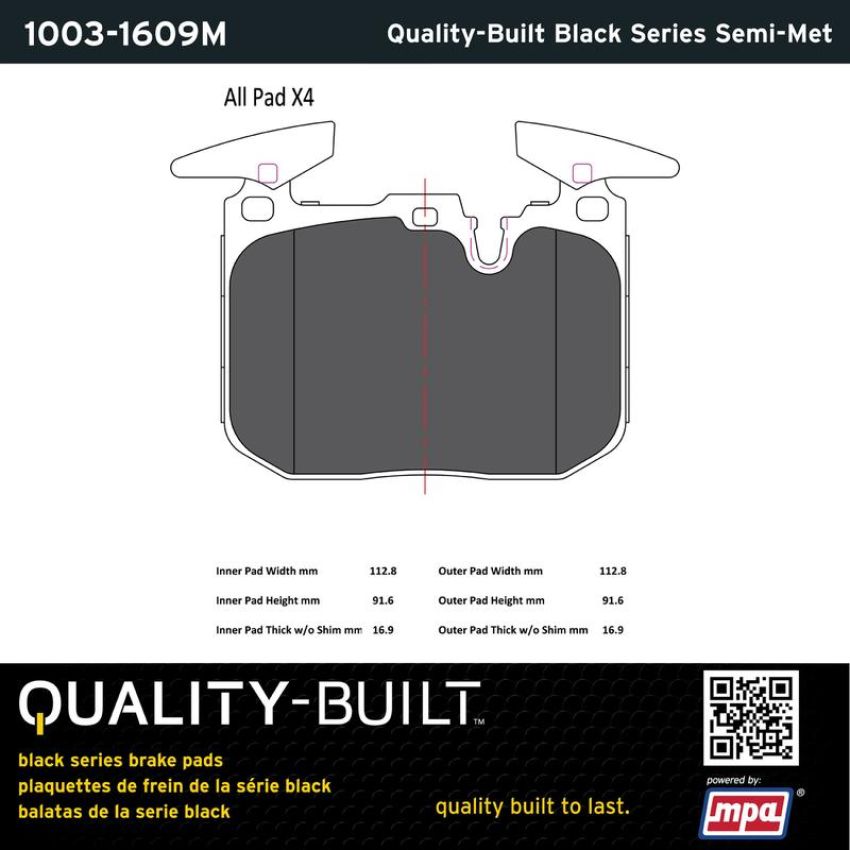 MPA 1003-1609M Quality-Built Black Series Semi-Metallic Brake Pads w/ Hardware