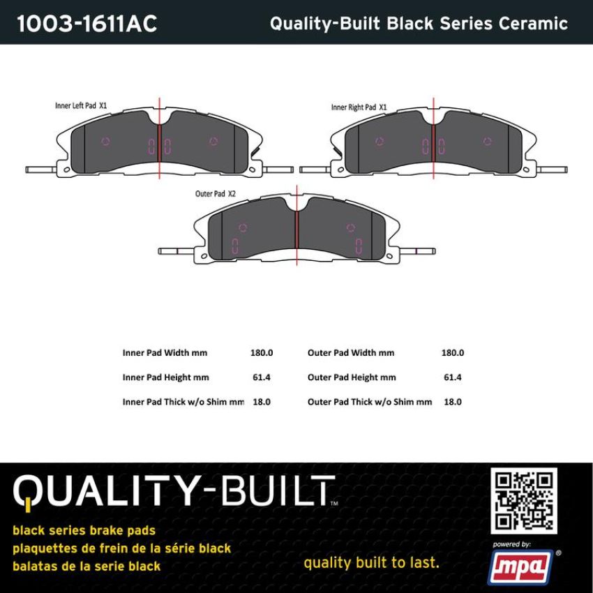 MPA 1003-1611AC Quality-Built Black Series Ceramic Brake Pads w/ Hardware