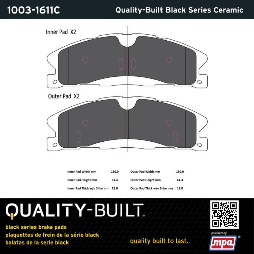 MPA 1003-1611C Quality-Built Black Series Ceramic Brake Pads w/ Hardware