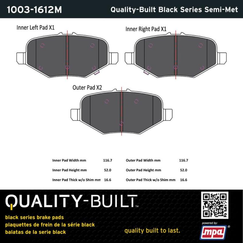 MPA 1003-1612M Quality-Built Black Series Semi-Metallic Brake Pads w/ Hardware