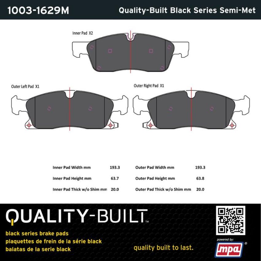 MPA 1003-1629M Quality-Built Black Series Semi-Metallic Brake Pads w/ Hardware