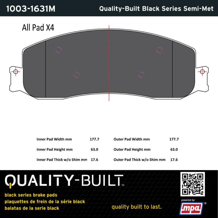MPA 1003-1631M Quality-Built Black Series Semi-Metallic Brake Pads w/ Hardware