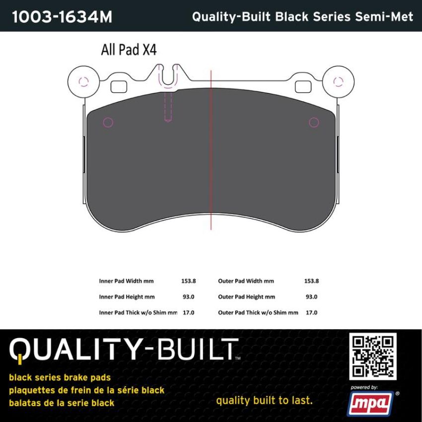 MPA 1003-1634M Quality-Built Black Series Semi-Metallic Brake Pads w/ Hardware