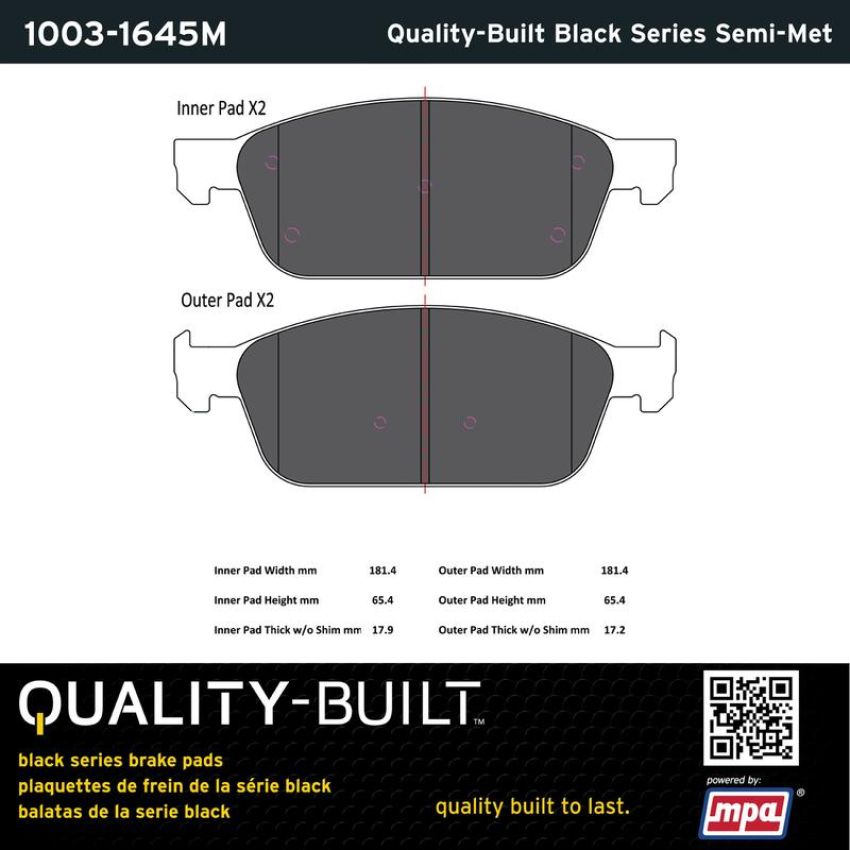MPA 1003-1645M Quality-Built Black Series Semi-Metallic Brake Pads w/ Hardware