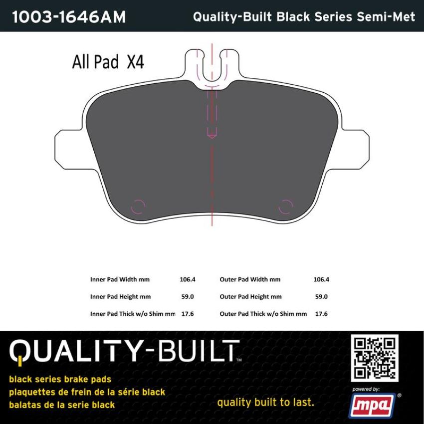 MPA 1003-1646AM Quality-Built Black Series Semi-Metallic Brake Pads w/ Hardware