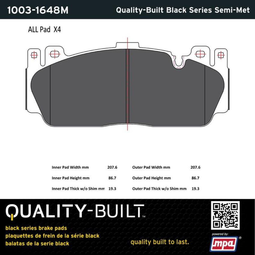 MPA 1003-1648M Quality-Built Black Series Semi-Metallic Brake Pads w/ Hardware