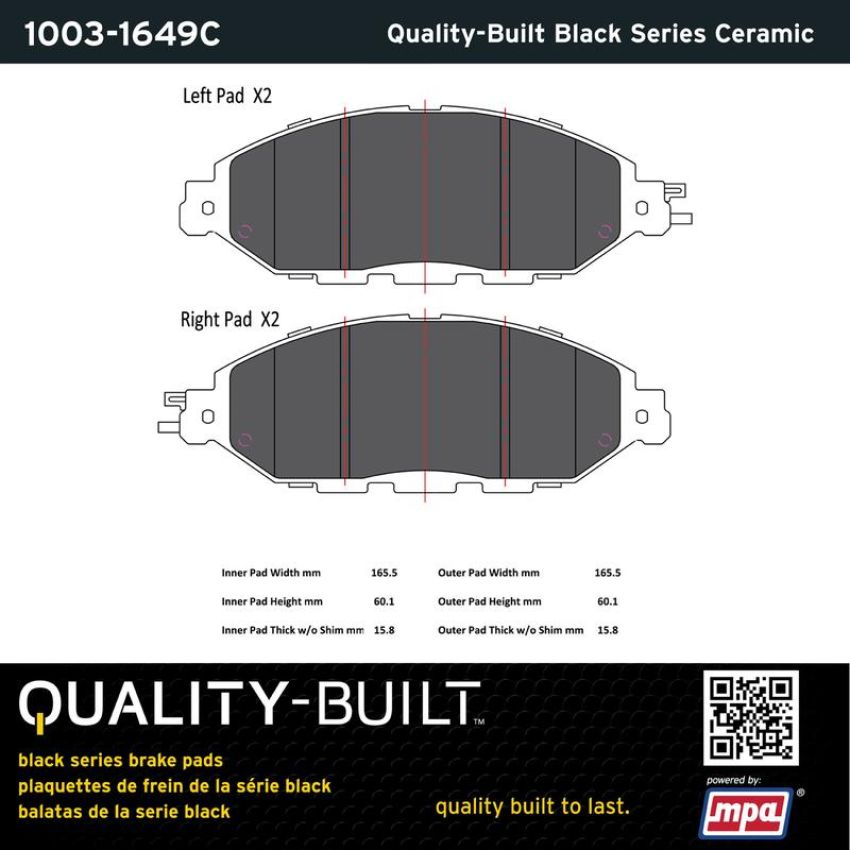 MPA 1003-1649C Quality-Built Black Series Ceramic Brake Pads w/ Hardware
