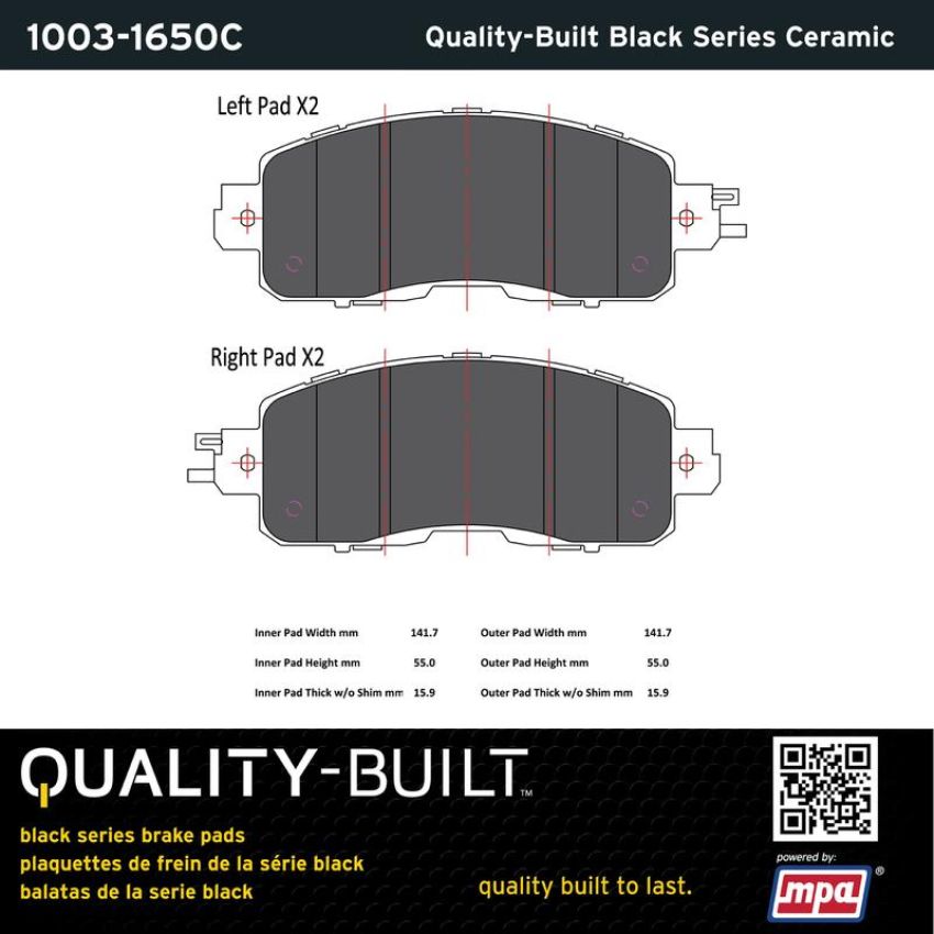 MPA 1003-1650C Quality-Built Black Series Ceramic Brake Pads w/ Hardware