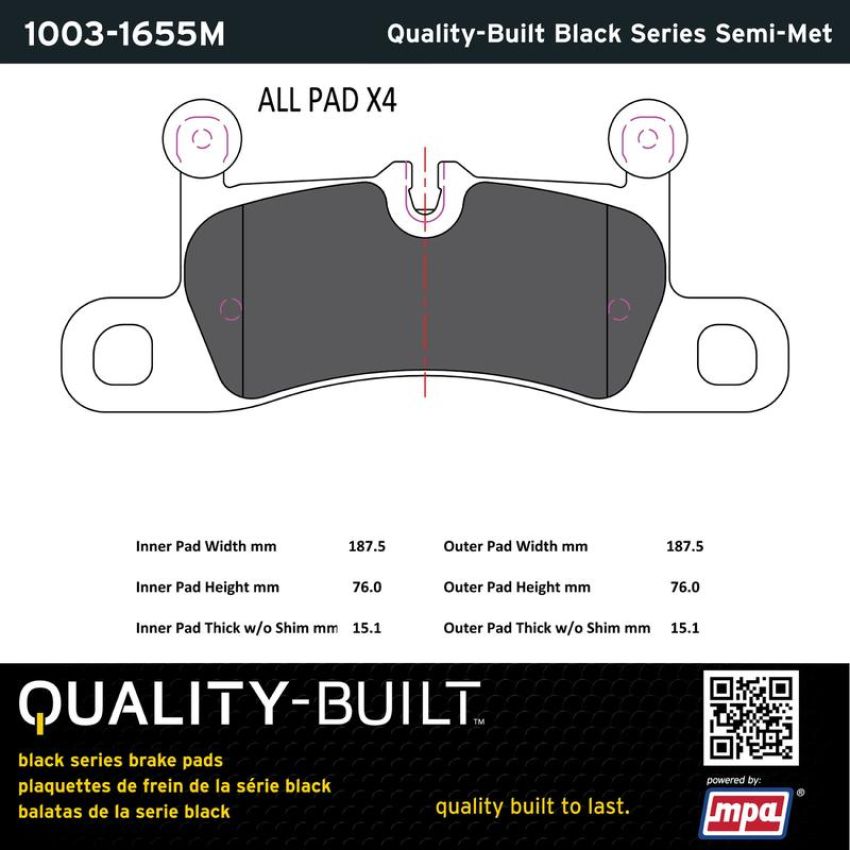 MPA 1003-1655M Quality-Built Black Series Semi-Metallic Brake Pads w/ Hardware