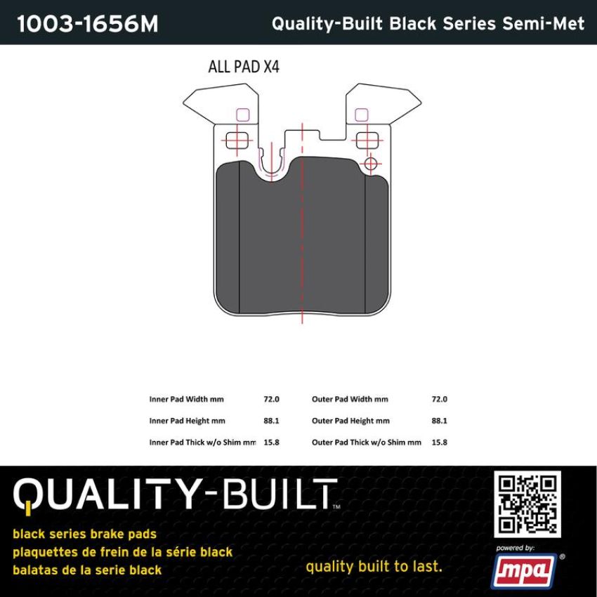 MPA 1003-1656M Quality-Built Black Series Semi-Metallic Brake Pads w/ Hardware